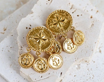 Vintage Anne Klein Nautical Coins Drop Dangle Clip On Earrings