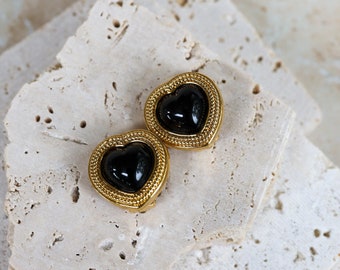 Vintage Black Glass Heart Shaped Petite Clip On Earrings