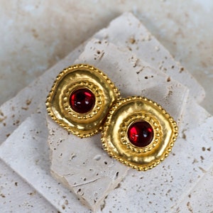 Gorgeous Vintage 1980's Massive Red Glass Round Classic Couture Statement Clip Earrings image 2