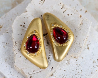 Oversized Poured Red Glass Cabochon Vintage Statement Clip On Earrings