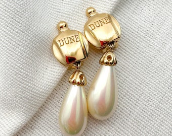 RARE Signed Dune Perfume Dangle Drop Clip On Earrings with Faux Pearls