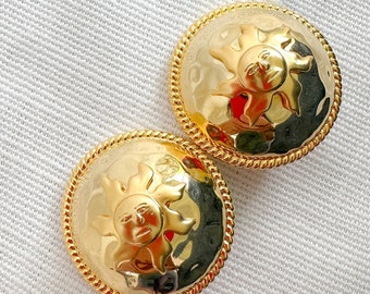 Vintage Celestial Sun Chunky Gold Tone Clip On Earrings