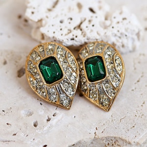 Stunning NOS 1990s Classic Clip On Earrings with Green Crystals and Clear Rhinestones image 1