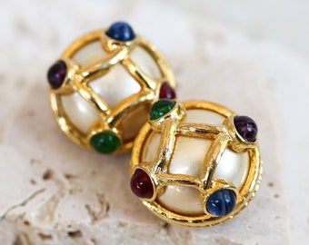 Amazing Rare Carolee Signed Designer Clip On Earrings with Mabe Faux Pearls and Colorful Cabochon Stones