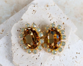 Superb Joan Rivers Signed Massive Floral Statement Clip On Earrings with Topaz Colored Crystals