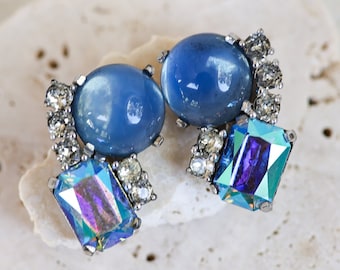 Vintage Jomaz Signed Poured Glass Gripoix Blue Cabochon Clip On Earrings