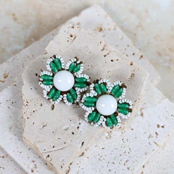 Rare MIRIAM HASKELL Signed Flower Shaped Clip On Earrings with Hand beaded Glass Gripoix White Beads and Faux Jade Stones
