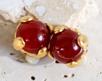 Vintage Signed Givenchy Tiny/Small Red Cabochon Clip On Earrings