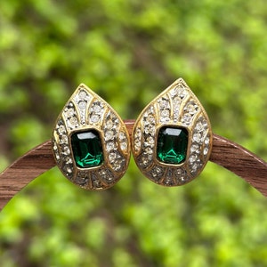Stunning NOS 1990s Classic Clip On Earrings with Green Crystals and Clear Rhinestones image 3
