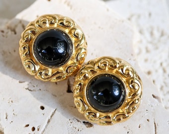 Vintage Ciner Black Glass Cabochon Gold Plated Chunky Classic Button Clip Earrings