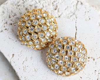 Stunning St. John Signed Button Shaped Vintage Clip Earrings with Sparkling Rhinestones