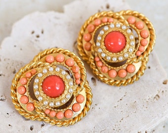 Superb CRAFT Signed Etruscan Byzantine Vintage Clip On Earrings with Faux Coral Cabochon Stones