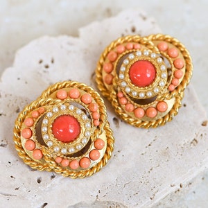 Superb CRAFT Signed Etruscan Byzantine Vintage Clip On Earrings with Faux Coral Cabochon Stones image 1