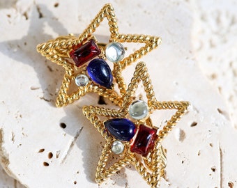 Trifari TM Colorful Lucite Cabochons Star Shaped Clip On Earrings