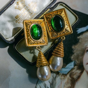 Massive Carlisle Drop Dangle Byzantine Clip On Earrings with Green Cabochon Stones and Baroque Pearls