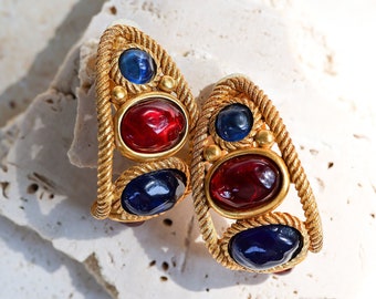 Oversized Carlisle Byzantine Couture Clip On Earrings with Colorful Cabochon Stones