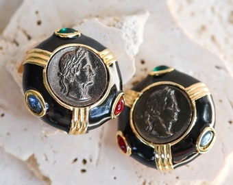 Superb Maresco Signed Vintage Black Enamel Statement Clip On Earrings with Stone Cameo Roman Intaglio and Colorful Glass Cabochon Stones