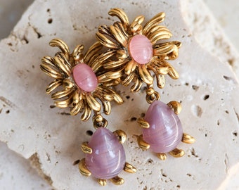 Vintage Oscar De La Renta Signed Semi Precious Cabachon Clip On Earrings