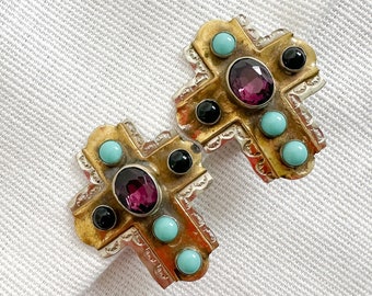 Unique Silver Cross Shaped Vintage Clip On Earrings with Turquoise and Purple Glass Cabochons