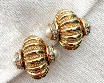 Huge CRAFT Signed Faux Pearls Diamanté Crystals Earrings Gold Metal Vintage Runway Couture Designer Etruscan Modernist