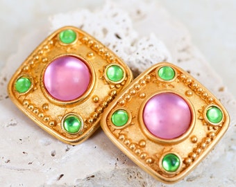 EXQUISITE LESLIE BLOCK Signed Massive Matte Gold Statement Runway Clip Earrings With Pastel Colored Cabochons