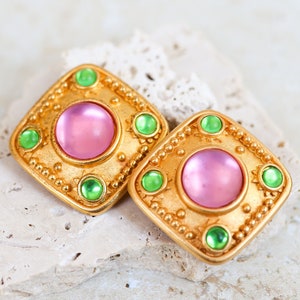 EXQUISITE LESLIE BLOCK Signed Massive Matte Gold Statement Runway Clip Earrings With Pastel Colored Cabochons image 1