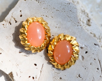 Gorgeous Givenchy Vintage Clip-On Earrings with Peach Colored Cabochons