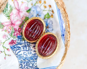 Vintage Richelau Gripoix Red Glass Chunky Clip On Earrings