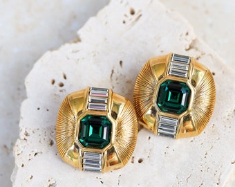 Stunning 1980's Massive NOS Gold Statement Clip Earrings With Rhinestones and Green Crystal