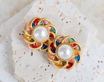 Amazing Vintage Clip Earrings with Satined Mosaic Glass and Faux Baroque Pearls