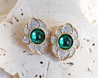 Vintage Petite Clip On Earrings with Green Glass Cabochons and Rhinestones, signed SAL