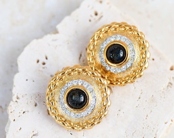 Gorgeous Vintage 1980s Massive Gold And Black Round Classic Couture Statement Clip Earrings