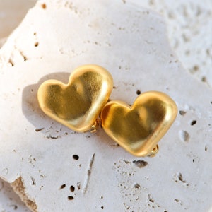 Vintage Signed Brushed Matte Gold Plated Small Petite Heart Shaped Clip On Earrings image 1