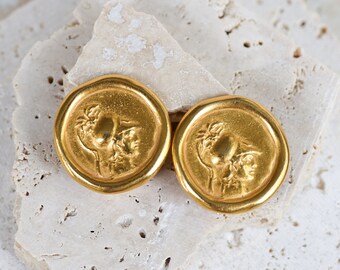 Vintage Carolee Signed Matte Gold Tone Clip On Earrings with Roman Coin Intaglio