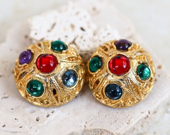 Vintage Couture Chunky Clip On Earrings with Multi Colored Lucite Cabochon Stones