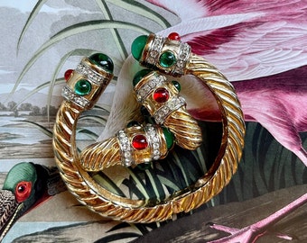 Vintage Etruscan Twisted Cable Statement Cuff Bracelet with Gripoix Glass Cabochon Stones and Shrimp Clip Earrings