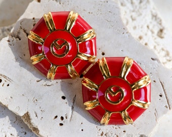 Exceptional St. John Signed Red Enamel Logo Button Statement Large Clip On Earrings