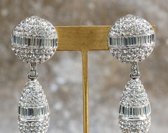 Vintage Jarin Signed Drop & Dangle Clip-on Earrings with Clear Swarovski Baguette Rhinestones