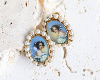 Vintage 12k Gold Miniature Hand Painted Portrait Cameo Screw Backs Earrings with Pearls