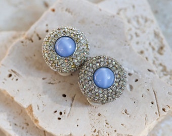 St. John Signed Blue Moon Glow Cabochon Aurora Borealis Rhinestones Clip On Earrings 80s