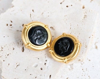 Classic Vintage Button Shaped Gold Tone Clip On Earrings with Roman Legionary Black Glass Cameo Intaglio
