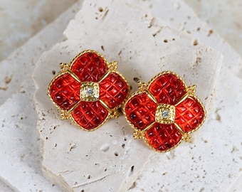 IVANA Vintage 1990's Gold With Red Lucite Modern Classic Statement Clip Earrings With Rhinestones