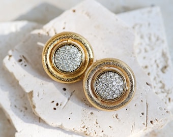 Vintage 1980's Round Gold Classic Statement Clip Earrings With Rhinestones