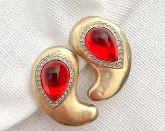 Stunning Paisley Shaped Statement Clip On Earrings with Red Glass Gripoix Cabochon Stones