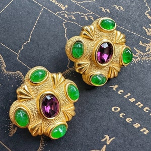 Vintage Etruscan Green Glass Cabochon Statement Clip On Earrings image 5