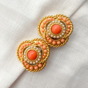 Superb CRAFT Signed Etruscan Byzantine Vintage Clip On Earrings with Faux Coral Cabochon Stones image 2