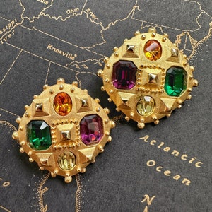 Vintage Maresca Signed Etruscan Multi Gems Statement Clip On Earrings image 5