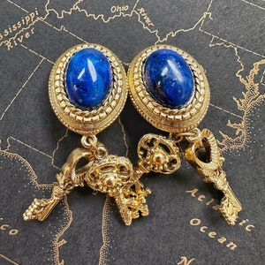 Vintage Blue Cabochon Antique Keys Unique Clip On Earrings image 6