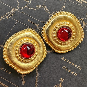 Gorgeous Vintage 1980's Massive Red Glass Round Classic Couture Statement Clip Earrings image 6