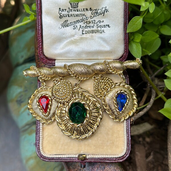 S.A.L. Etruscan Revival Statement Gold Tone Vintage Brooch with Dangling Colorful Glass Crystals